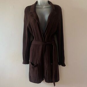 VINTAGE BROWN RIBBED KNIT TIE FRONT CARDIGAN